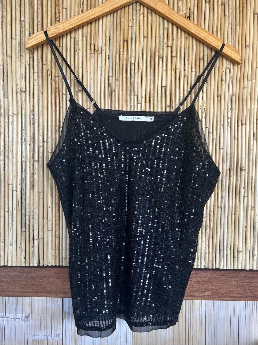 Black Sequin Spaghetti Strap Top Large Cami Sparkle Holiday New Years Elegant